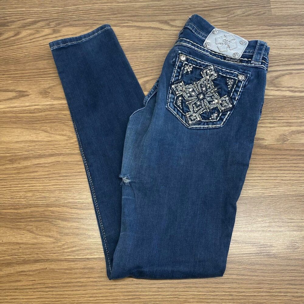 Y2K Miss Me‎ Women's Low Rise Skinny Jeans Blue Size 29x33 Buckle Rhinestone